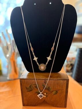 Lucky Brand Layered Silver Necklace Set with Pink and Cream Accents